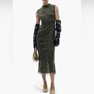 MANGO Snakeskin Print Open Back Organza Midi Dress